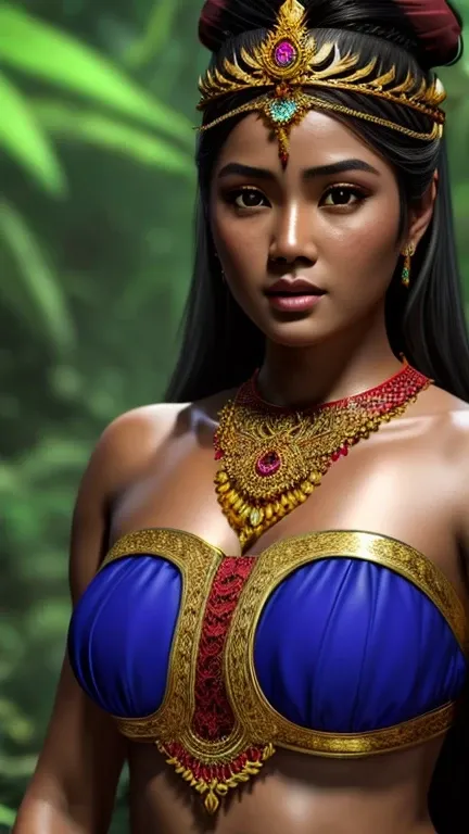 create a hyper realistic photo a beautiful indonesian woman as a hero in dynasty kingdom of majapahit, wearing small gold neklace like a queen, wearing red kemben ,long black hair with bun, doing floating meditation, energy bursts from around of her body, ...