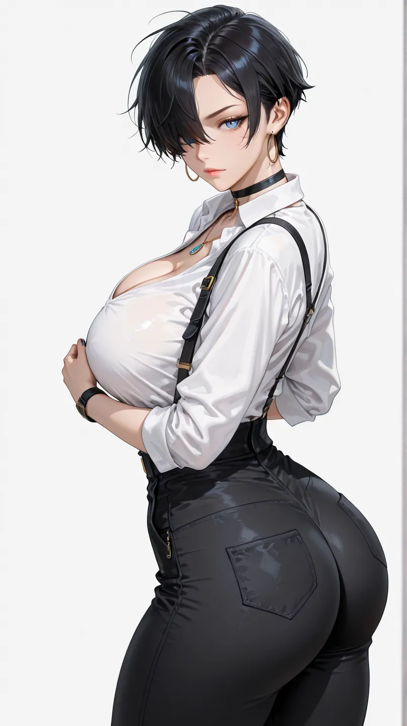 1girl, (tomboy woman:1.4), big breasts, big ass, female focus, black hair, solo, shirt, white background, blue eyes, short hair, jewelry, white shirt, suspenders, pants, black pants, hair over one eye, necklace, pectorals, simple background, bishounen, cho...