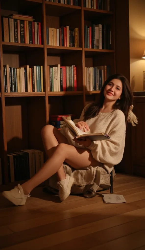 A beautiful young malayali woman sits in a relaxed 'wariza' position, her legs folded neatly beneath her as she leans gently against a large wooden bookshelf filled with countless books. As she notices your presence, she lifts her gaze from the pages and o...