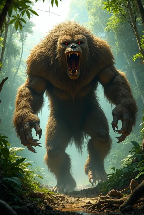 man, extremely hairy, brown fur. Extremely long and disheveled hair.  giant. screaming. serrated teeth. Walking in jungle.