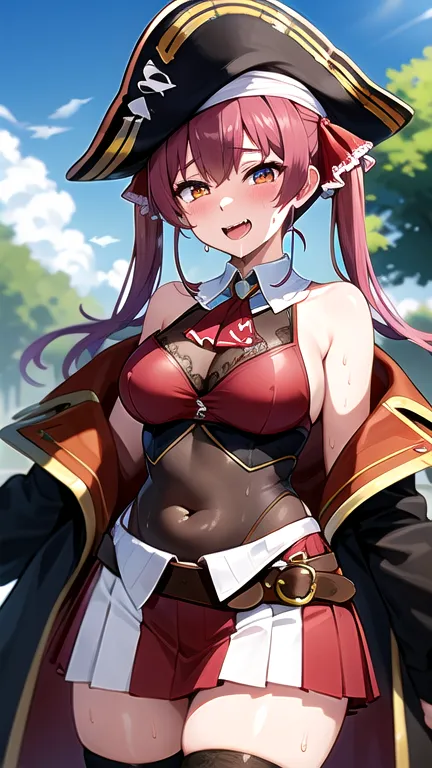 masterpiece,   best quality  ,   High Resolution,  ( Laughter:1.3)、 ( Twin Tails,   Pirate's Hat,  [Strange Eyes ,    red ascot  ,   shoulder out,   red shirt,    Off Shoulder ,   black coat ,    see-through,   Covering the belly button,      leotard under...