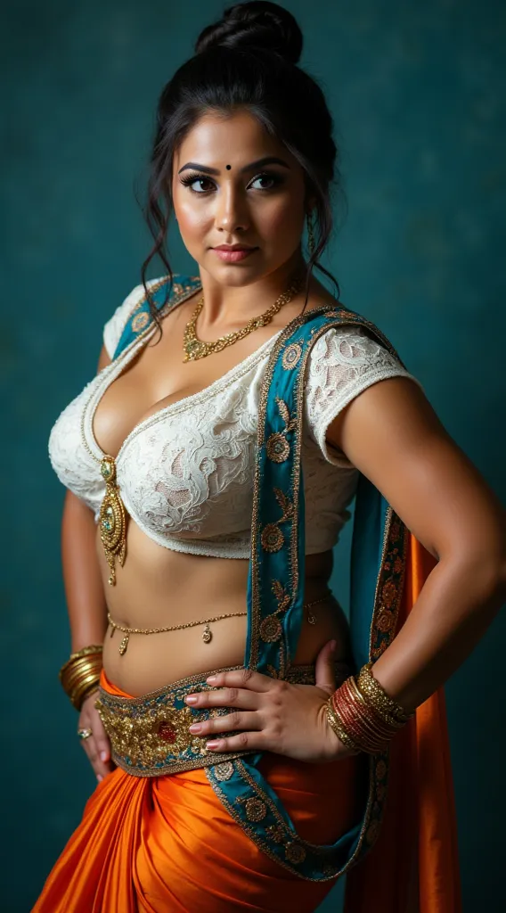 Busty dancer woman, wearing white lace half blouse and blue orange shade low hip saree, exposing curvy midriff and navel,thin gold navel chain,hair bun,,both hands in sexy dance pose away from hip,her face turning towards right side,eyeliners and eyelashes...