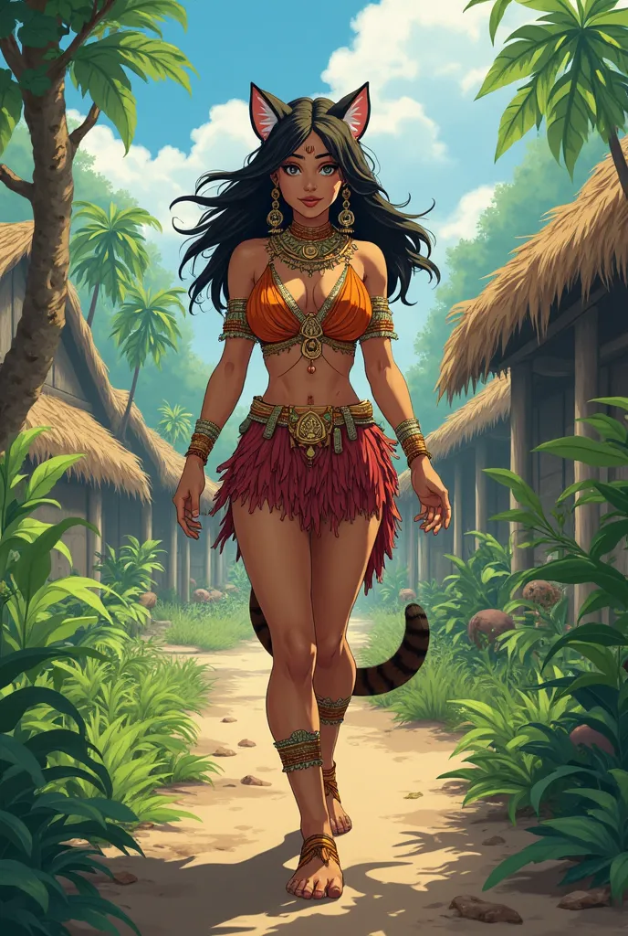 humanoid female jaguars. she wears indigenous clothing. She has hairy limbs. she is walking in a village in a forest, screenshot, anime..