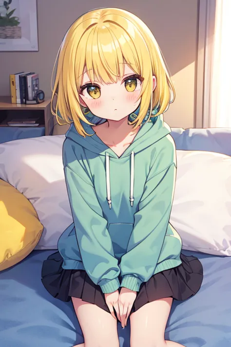 tiny girl。Yellow Hair。wearing a fluffy hoodie。I'm on my futon。