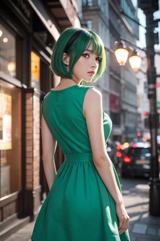  1 girl,  green hair,  Red Eyes,  dress,  short hair, (Alone:1.3),  