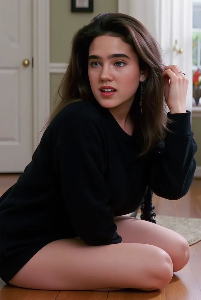 Baby-faced Jennifer Connelly、from the side、Wearing a short black sweater、Her shoulders and lower half of her breasts are bare、The lower surface of her plump breasts is visible、Her toned abs and beautiful lower abdomen、kneeling on the floor、I'm opening my m...