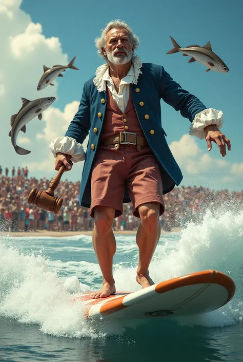 Make pat the patriot from first colonial household surfing infront of a crowd holding a gavel while fish are jumping in the waves 