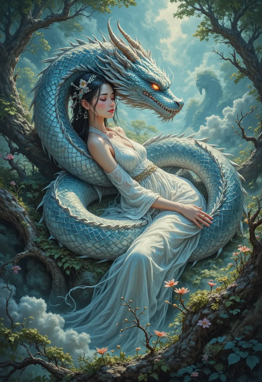 Painting of a sleeping woman with a dragon on her back, the dragon girl portrait, dragon girl, a beautiful artwork illustration, Loish e Ross Tran, Fantasia chinesa, belas fotos avatar, Art not Guweiz style, trending on artstration, estilo de arte de fanta...