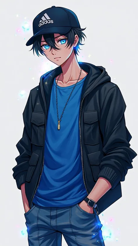 adult anime man with black hair and blue sparkles and with black jacket and blue shirt and blue eyes with Adidas cap and jeans and with lenses 