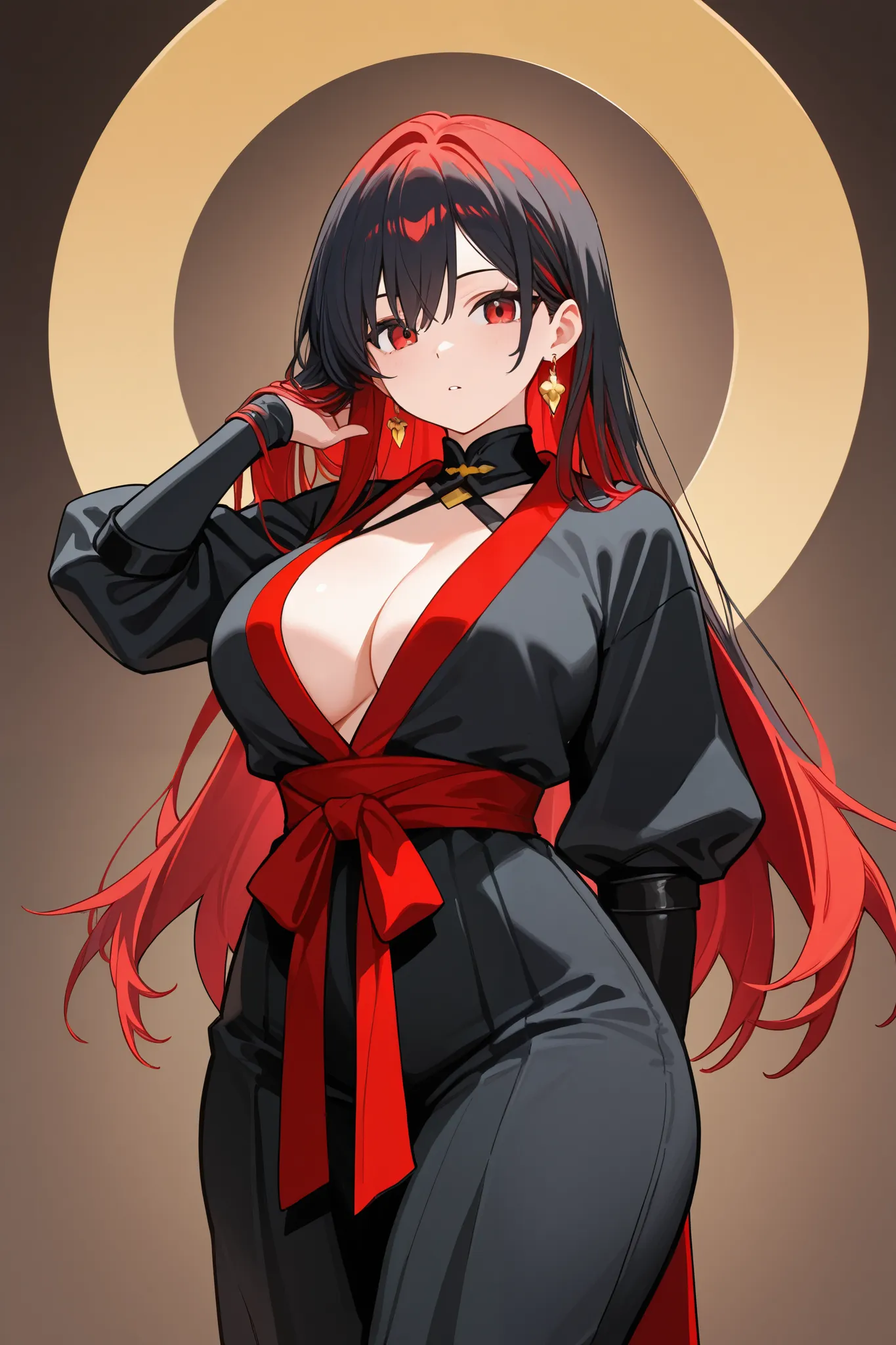 1 girl, Hair length reaches the back, Black hair with some red hair on the edges., red eyes, but not bright, curvy body, wear a sexy samurai outfit, หน้าอกไซส์ปานกลาง, have a golden earrings