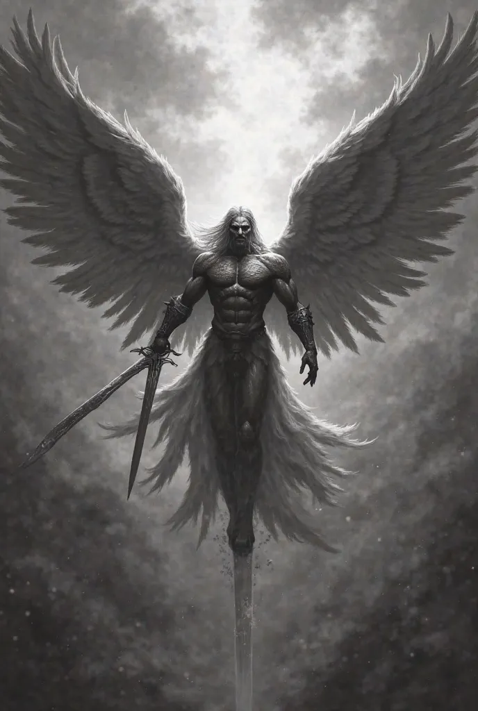 Archangel man with a sword flying down and pointing the sword downwards black and grey