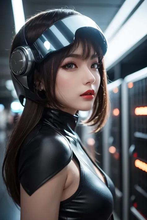  close-up of a woman wearing a futuristic helmet and red lipstick, Cyberpunk Jackie Wells, cgsociety 9,  style for stilets = Retro futuristic ,  beautiful android woman ,   female android ,  retro futuristic fashion , movie「 Blade Runner 」Still image of, F...