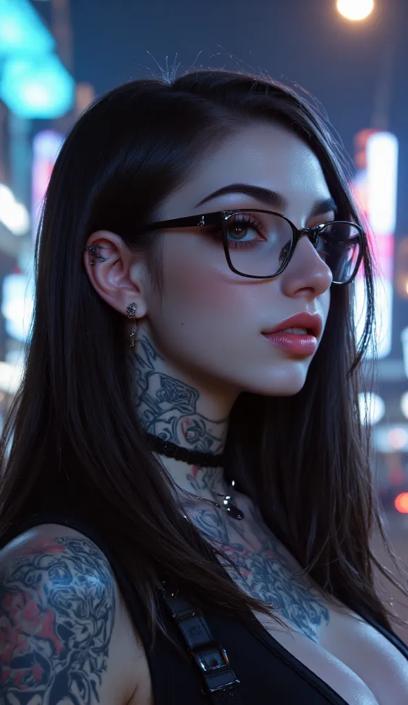 ((a woman with tattoos on her neck and face, Beautiful face of a cyberpunk girl, great digital art with details,  she wears rectangular black rimmed glasses you can see the reflection in the glasses of the glasses :1.5)),walking, City streets,city lights, ...