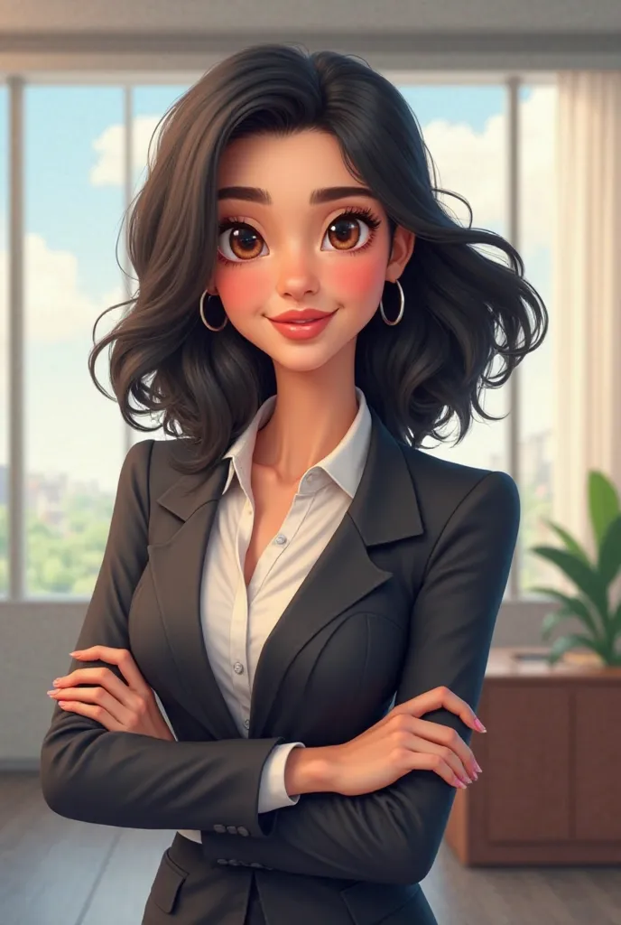 Animated version of 45-year-old girl, blonde hair with wavy black shoulder length, brown eyes executive clothing
