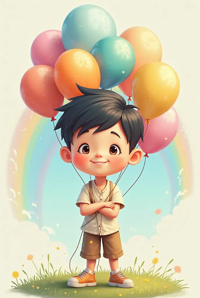 I believe a logo of a boy with short black hair holding some colorful balloons,And a rainbow in the back.