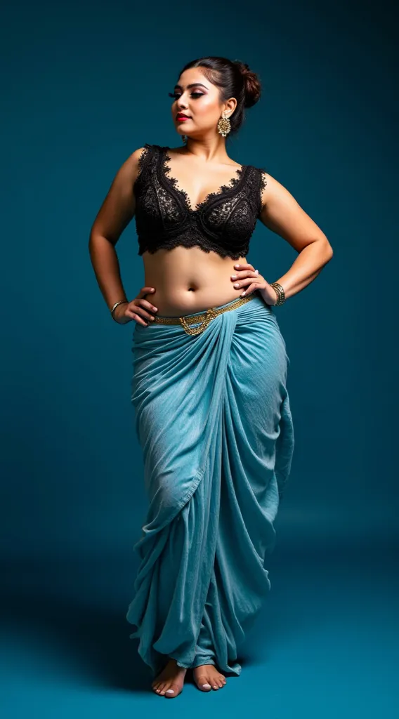 Front view,Busty dancer woman, wearing black lace half blouse and blue white shade low hip saree, exposing curvy midriff and navel,thin gold navel chain,hair bun,,both hands in sexy dance pose away from hip,her face turning towards right side,eyeliners and...