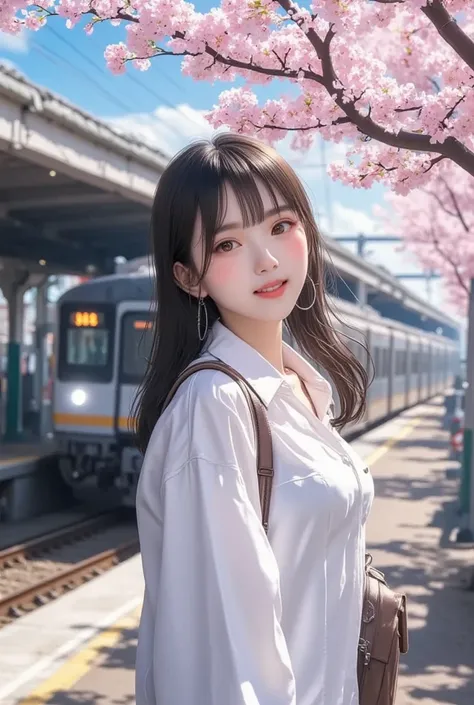 masterpiece, best quality, photorealistic, 1girl, stunning innocent symmetry face, white shirt, emotional, big breasts, (PureErosFace_V1:0.7), A woman with a hot and attractive face, freckles, long hair, The train station platform with Cherry Blossom Trees...