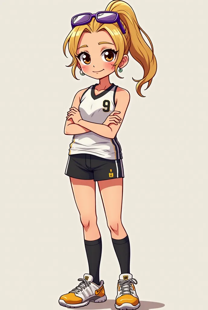 A FEMALE WOMAN standing with her arms crossed, VOLLEYBALL PLAYER style, tabby, with a white-and-black team volleyball jersey with the number 9, wearing a gold-and-white volleyball sneaker, blond hair tied like a ponytail, wearing purple Julier glasses on h...