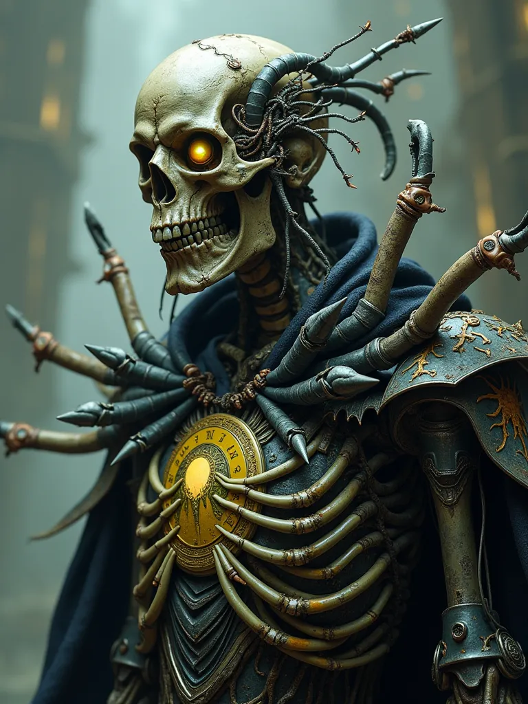 “Create a hyper-detailed image of Vecna, the infamous undead lich from Dungeons & Dragons, reimagined as a monstrous Phyrexian horror. His skeletal face remains, but his once-decayed flesh is now fused with sinewy black metal plating, integrating into his ...