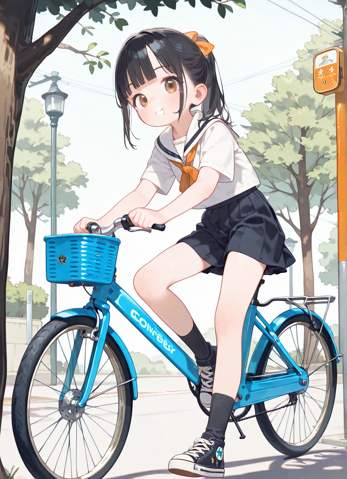 loli, flat chest, black hair, ponytail, blunt bangs, brown eyes, summer school uniform, black socks, Converse, smile, closed mouth, (1 girl), dynamic angle, riding a bicycle, masterpiece, best quality, high quality, detailed eyes, outdoor, tree-lined stree...