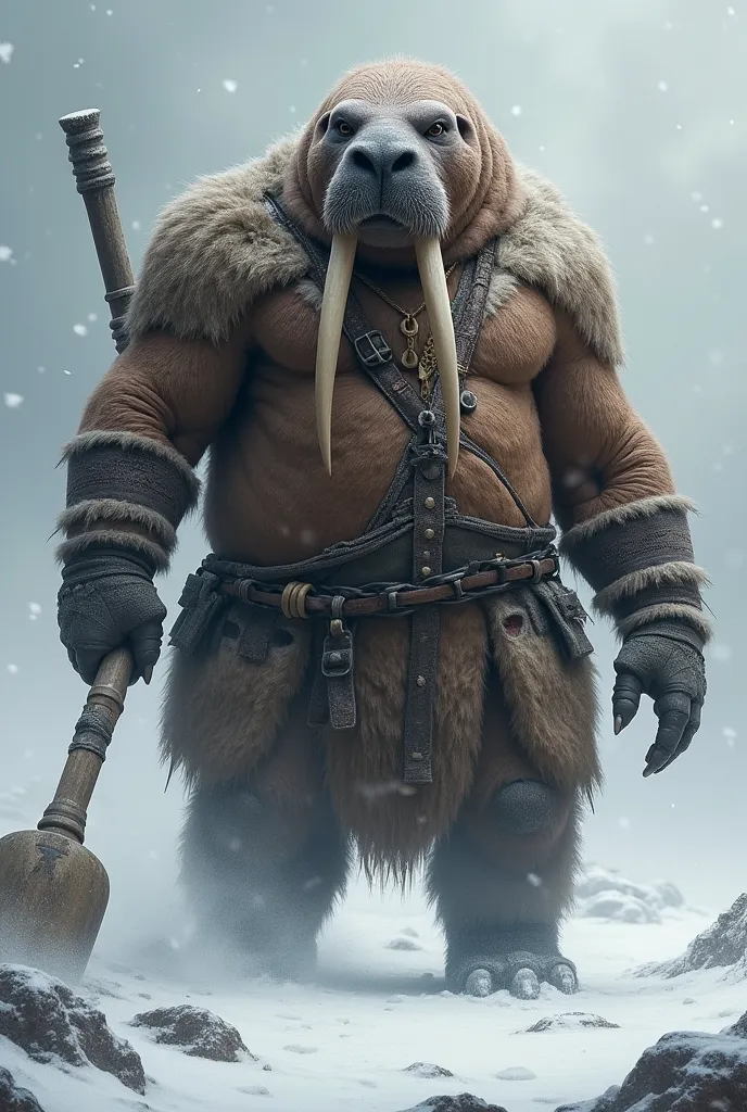 Eskimal warrior. Humanoid walrus. 
She wears fur clothing on the underside..
It has a mass made of bone. It has walrus fangs.