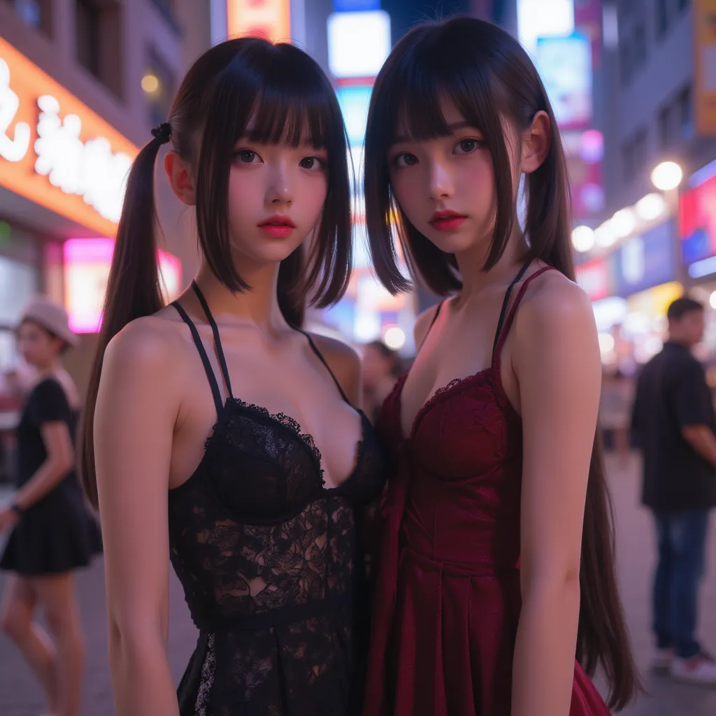 cuteloli,loli,hyper realistic,HD,best quality,(14-years-old),(sexy halter dress),looking at viewer,depth of field,full_body_shot,from_above,street scenery,high heels,twins