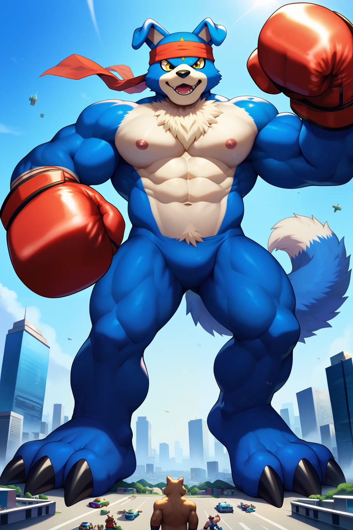 score_9, score_8_up , score_7_up , score_6_up , furry, anthro,((1 km tall)), ((big muscles)),  giant , macro, , huge, blue body, yellow eyes, tail, headband,boxing gloves, (abs), (thick shoulders, wide pecs, big pec muscle thick arms), tall, gaomon, relaxe...