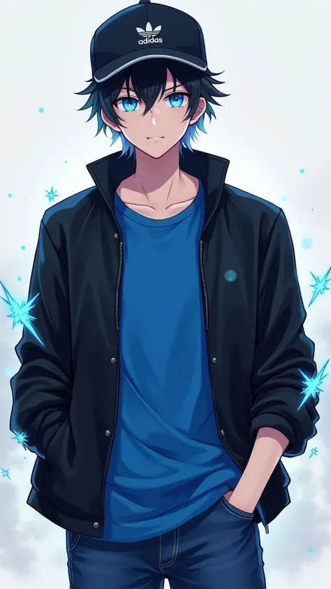 adult anime man with black hair and blue sparkles and with black jacket and blue shirt and blue eyes with Adidas cap and jeans and with lenses 