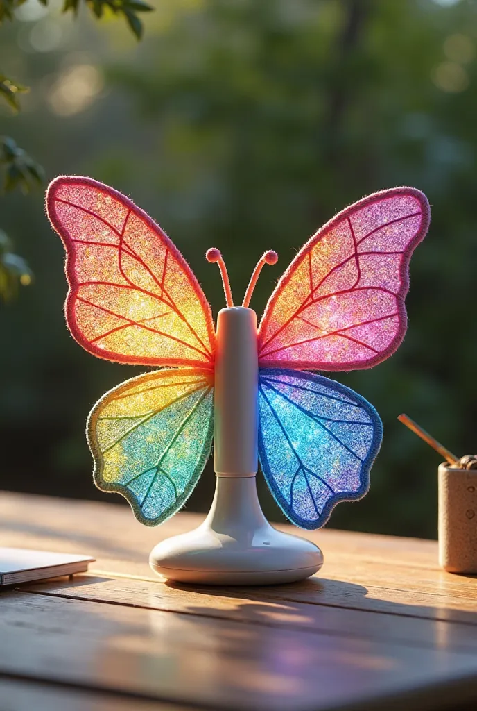 Air-adjustable rainbow butterfly portable fan with thermal sensor knitted wings