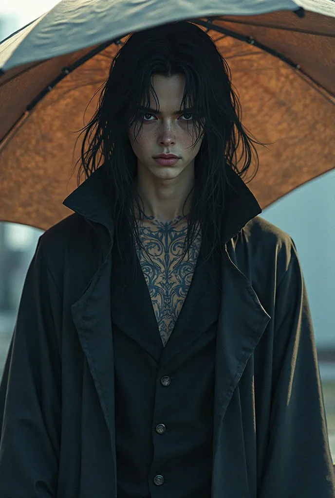 He is a rather tall man, with long black hair and black eyes, and then it seems that he has superimposed a tattoo under a fabric umbrella as an anime character.