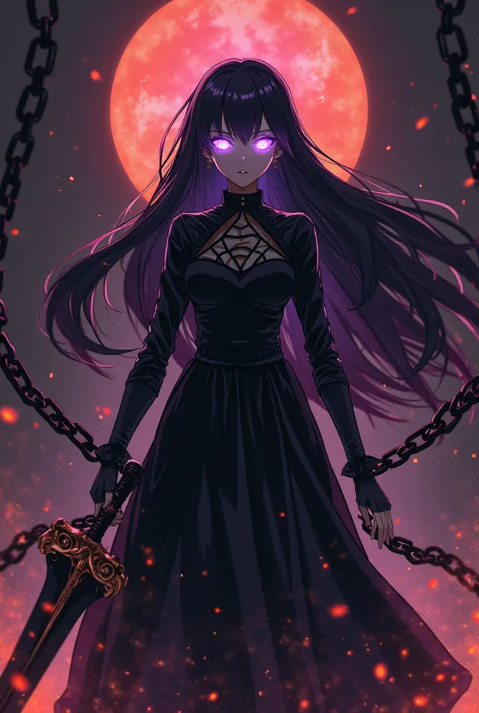 shadow anime girl, dress, skin, body fully black like shadow, long hair, long dress, holding a sword, eyes glowing purple with white effects, a mix of pink and purple aura, orange fire behind her, black background and black chains flying behind her, hair f...