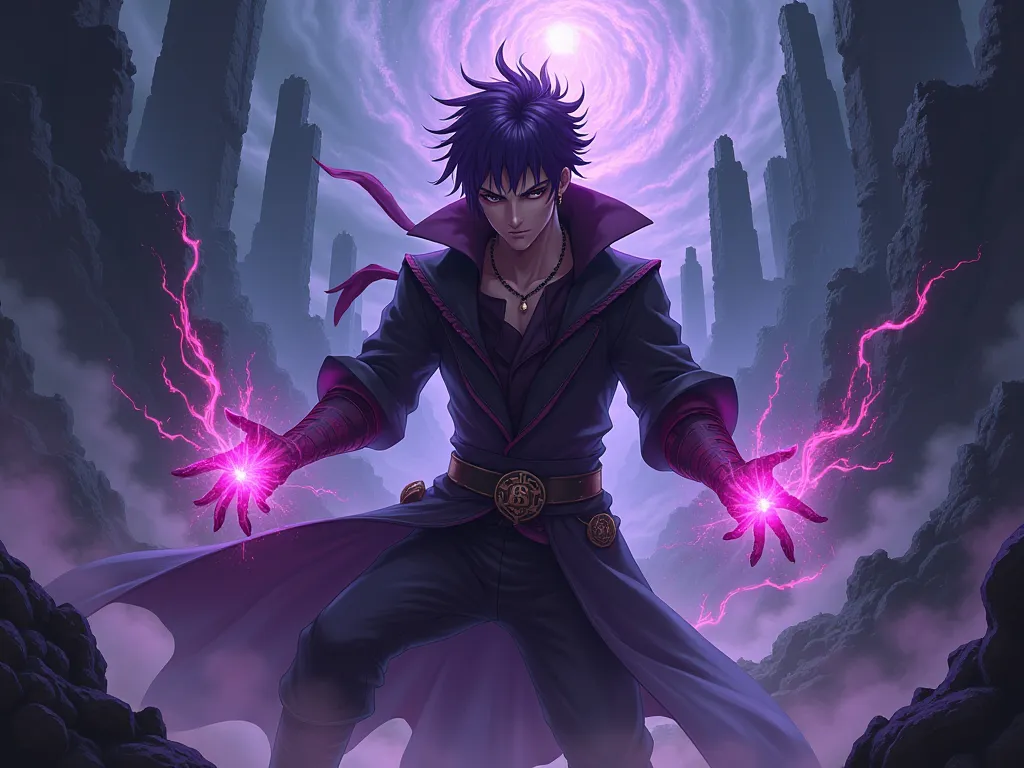 Face Short hair villain Purple-haired man magical powers falling into an abyss
realistic medieval anime style 