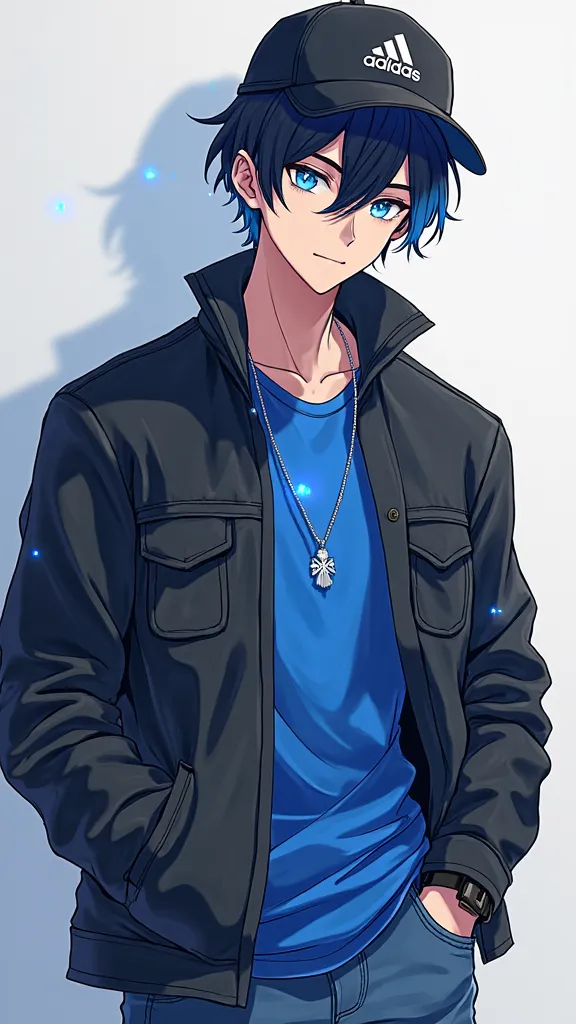 adult anime man with black hair and blue sparkles and with black jacket and blue shirt and blue eyes with Adidas cap and jeans and with lenses 