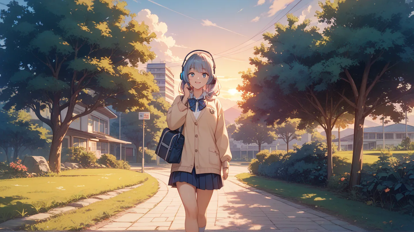 evening、Walking Outside、I'm walking on the road、sunset、空はDusk、Dusk、sunset、Mountain view、There is nothing but grass around、high school girl、 while listening to music 、While listening with headphones、