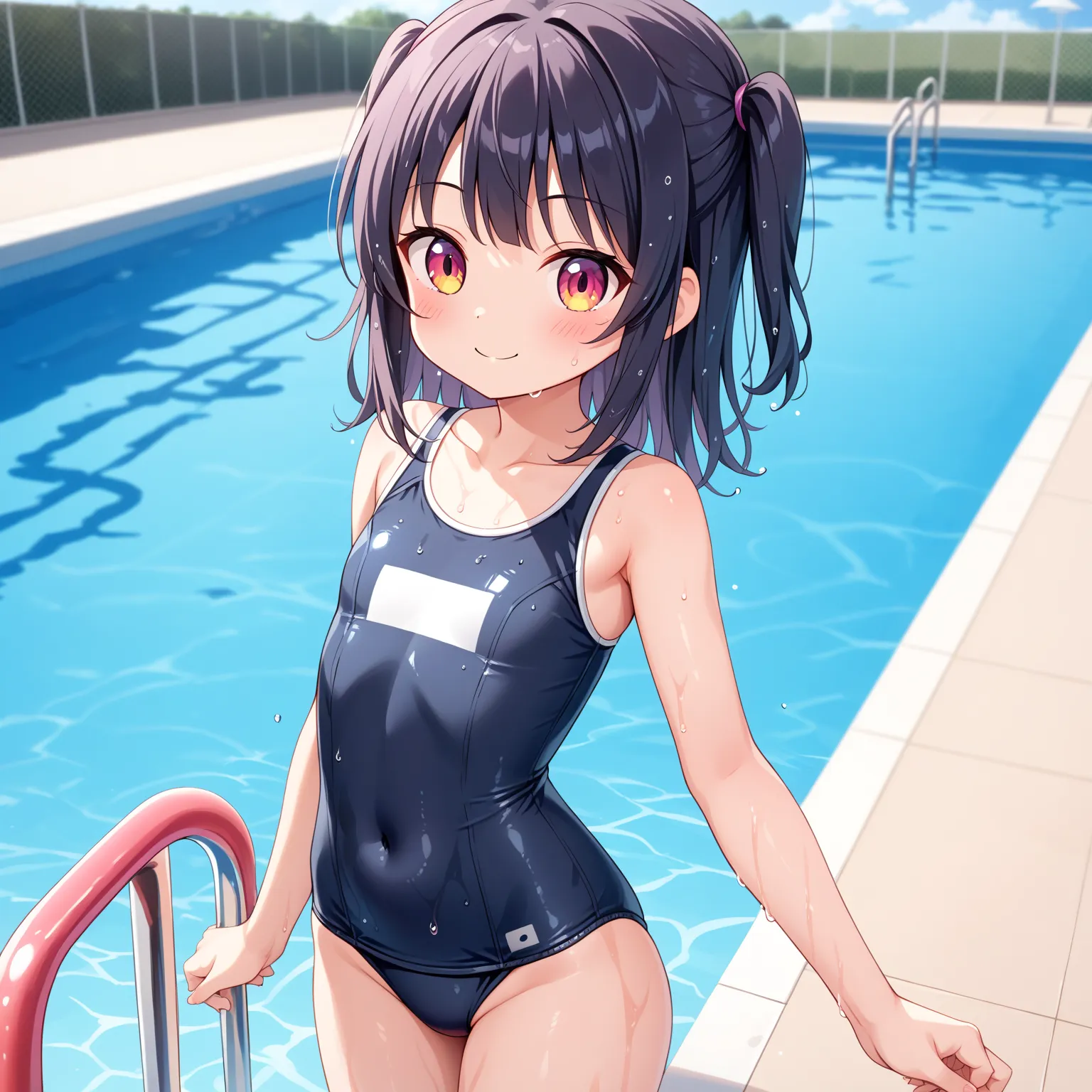 {best quality}, {very aesthetic}, {ultra-detailed}, {best illustration}, {masterpiece}, {detailed beautiful eyes}, {extremely detailed}, nsfw, cute female ,shiny black old school swimsuit, wet, , poolside:1.4), , , (loli, little, ultra cute kawaii:1.6), sm...