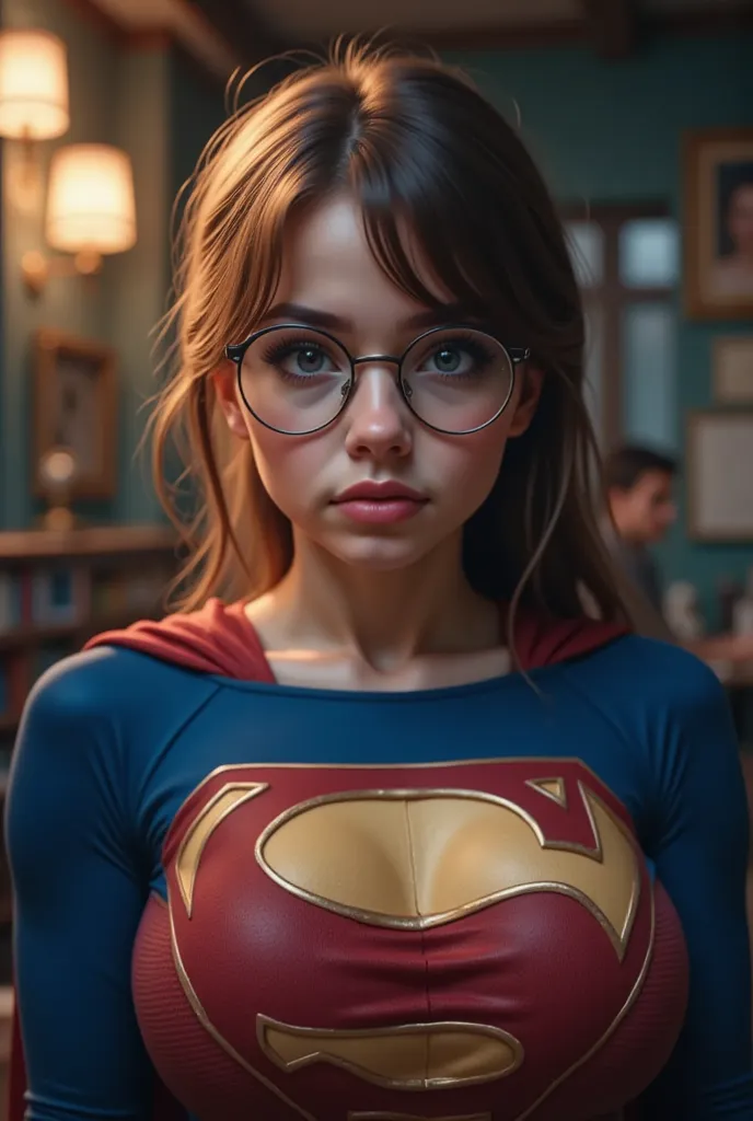 FULL BODY VIEW OF A CUTE AND YOUNG 18-YEAR-OLD-GIRL AS SUPERGIRL WITH BLUE EYES AND GLASSES. The dimly lit ambiance, combined with realistic shadows and warm spotlights, enhances her striking facial features and the rich textures of her SUPERGIRL costume. ...