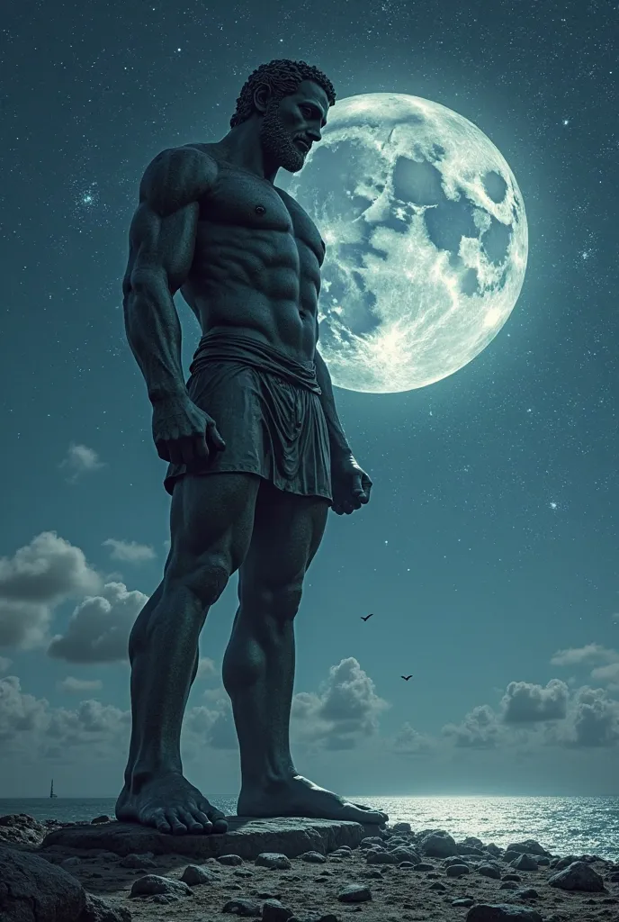 Statue of Colossus of Rhodes with starry night and full moon on the seashore 3d 