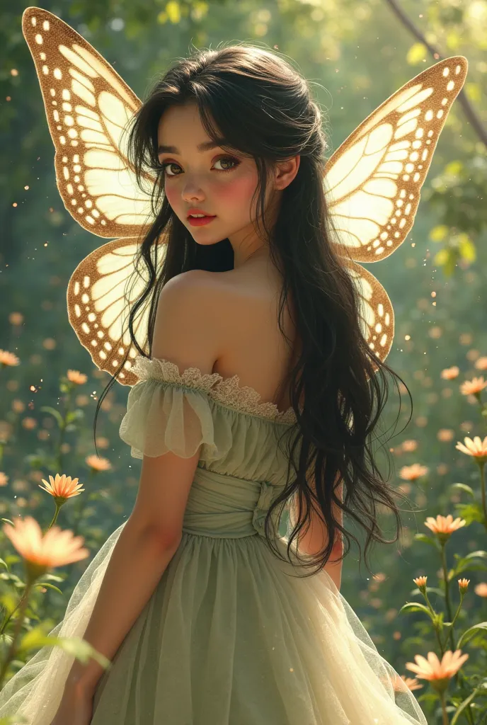 Make an ethereal sexy Lady. Extremely large butterfly wings. with hair sensually tied upwards, sexy mermaid lashes, sexy face, sexy lips, Looking sweet transmits kindness. Your fair skin, with long, long straight black hair.  Emerald green eyes, wearing a ...