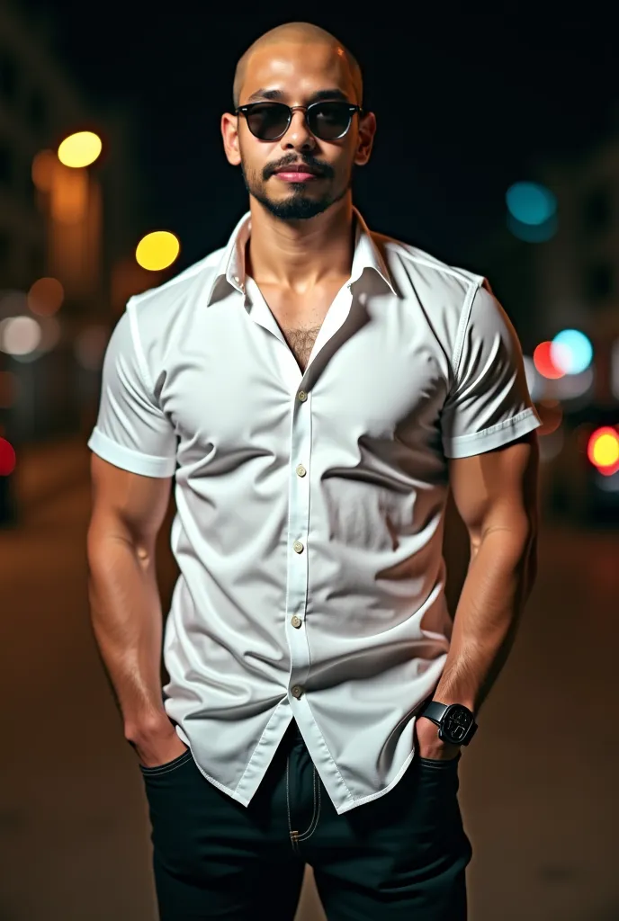 Korean Man Wearing White Short Sleeve Dress Shirt, (((Arm Muscles, Firm Breasts, Muscle Beam, ))), ((( Jeans . Facing the Camera with a Thin Smile ))), (((Bald Man))), (((, Muscles, Large Trunk))), ((( Seductive Body ))), ((( Mustache and Short Goatee))), ...