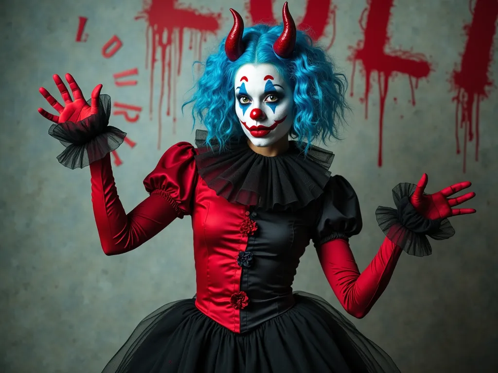 A woman dressed in a clown costume with short curly hair in a vibrant blue and dramatic makeup design including exaggerated red lips, a red painted nose and dark eyes and blue eyeshadow. With horns on her forehead, full body, The costume is split in two, w...