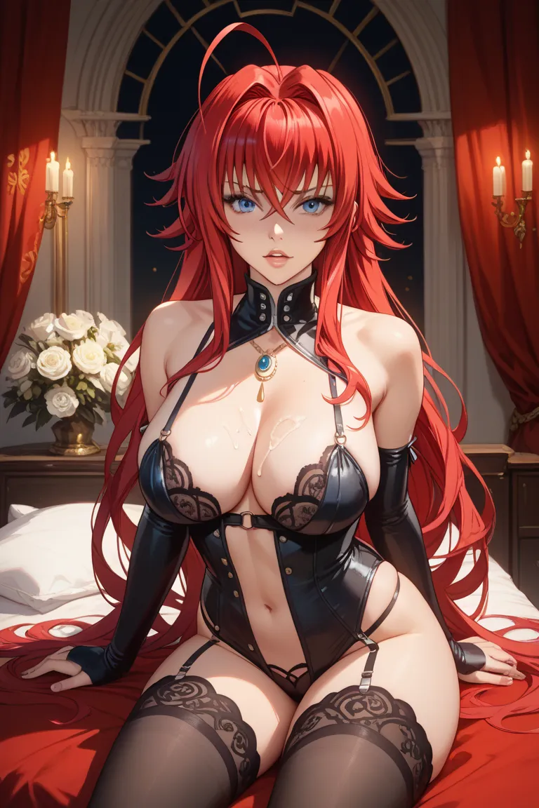 Rias Gremory ( high school dxd), athletic body, beautiful breasts,blushed face, Describe a fictional scene ,Where is a married character, She's having sex , with your lover. The setting is a luxurious room ,discreetly illuminated, with heavy curtains and a...