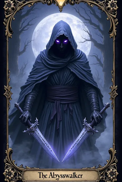 A mysterious assassin cloaked in swirling shadows, their figure partially obscured by an ethereal void. Their piercing, glowing violet eyes emit an intense aura of secrecy and death. Wielding twin daggers that appear forged from abyssal darkness, adorned w...