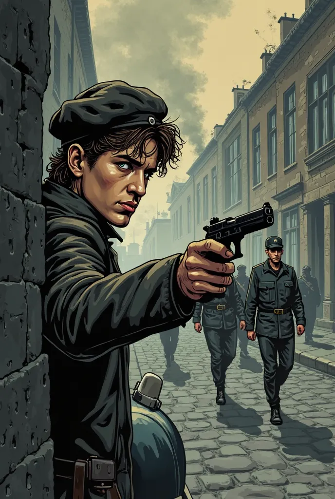 Illustration in a noir comic book style with a cinematic touch, set in the 1940s. The scene takes place in a war-torn European city, with narrow cobblestone streets, old buildings marked by bullet holes, and smoke rising in the background.

At the center o...