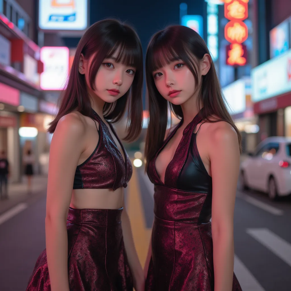 cuteloli,loli,hyper realistic,HD,best quality,(14-years-old),(sexy halter dress),looking at viewer,depth of field,full_body_shot,from_above,street scenery,high heels,twins