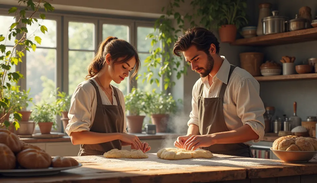 create a house kitchen with people making bread in front view