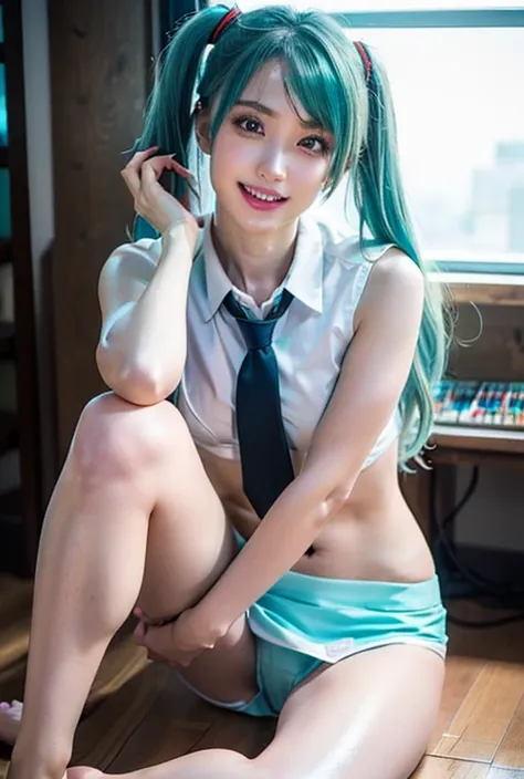 (modest smile, twin tail hair , beautiful, shiny light blue hair:1.4),(((mint-colored tie:1,white sleeveless collared shirt:1,black and mint lined miniskirt:1,white border pattern bikini:1))),1 girl,Japanese,21 years old,(beautiful accurate young hand:1,sm...