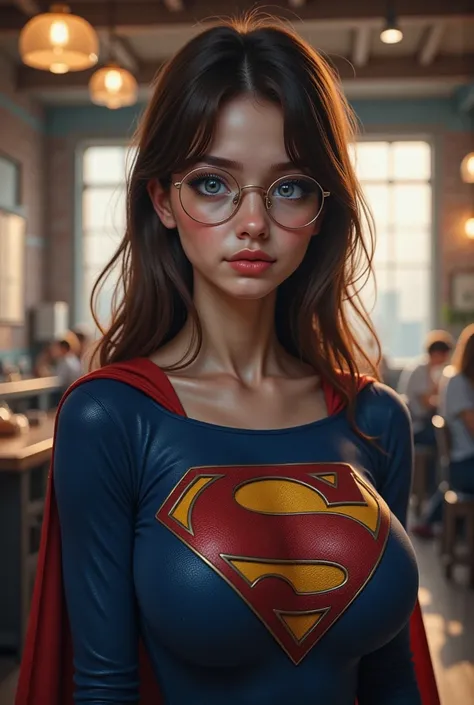 FULL BODY VIEW OF A CUTE AND YOUNG 18-YEAR-OLD-GIRL AS SUPERGIRL WITH BLUE ANIME EYES AND GLASSES. The dimly lit ambiance, combined with realistic shadows and warm spotlights, enhances her striking facial features and the rich textures of her SUPERGIRL cos...