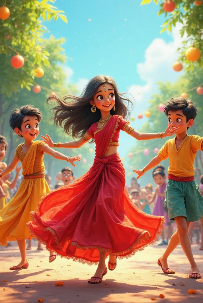 A girl is dancing with two boys and thrilling a girl's red -colored sari with two boys