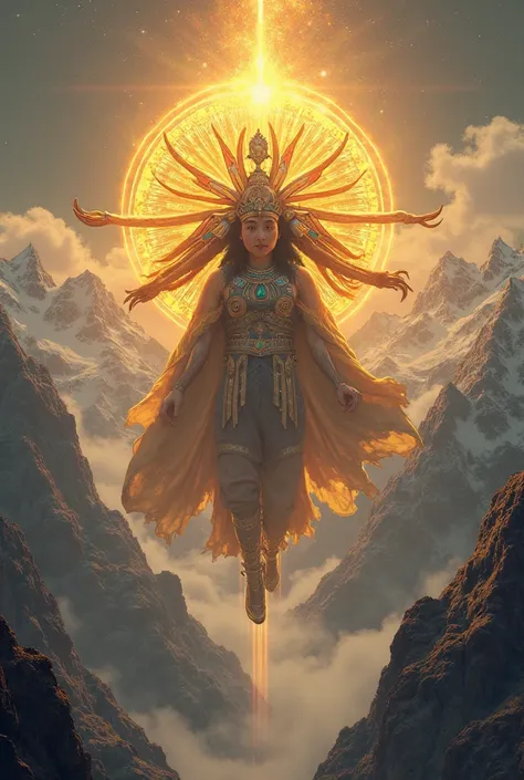 Inti, le dieu du Soleil – Figure majestueuse, visage rayonnant d’or, floating above the sacred mountains.