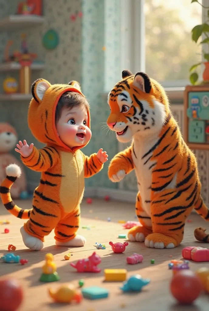 A baby dancing in a tiger costume next to a smiling tiger with lots of colorful toys on the floor